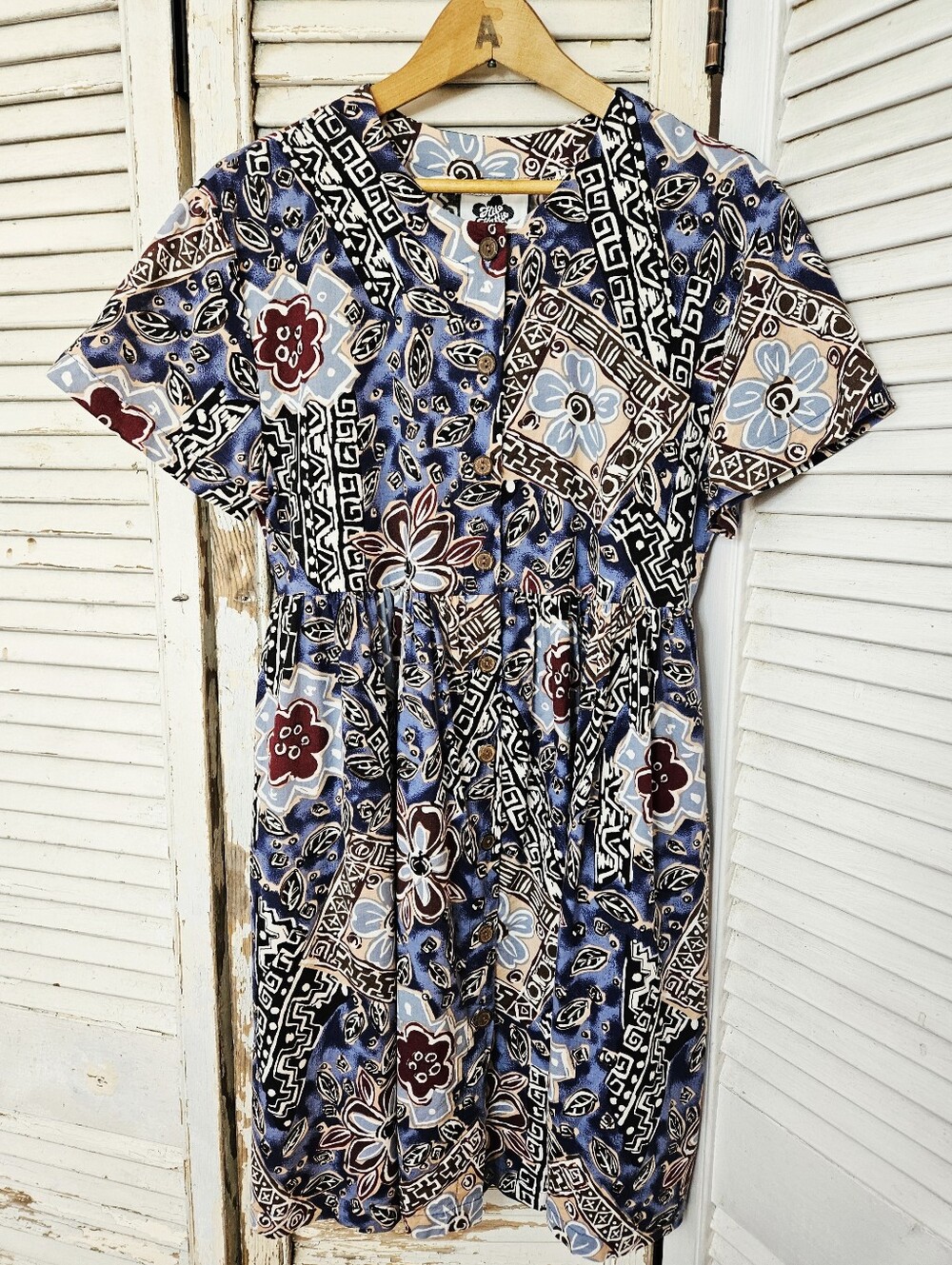 Vintage 90s Hilo Hattie Button Front Babydoll Dress Blue Floral Made In Hawaii S